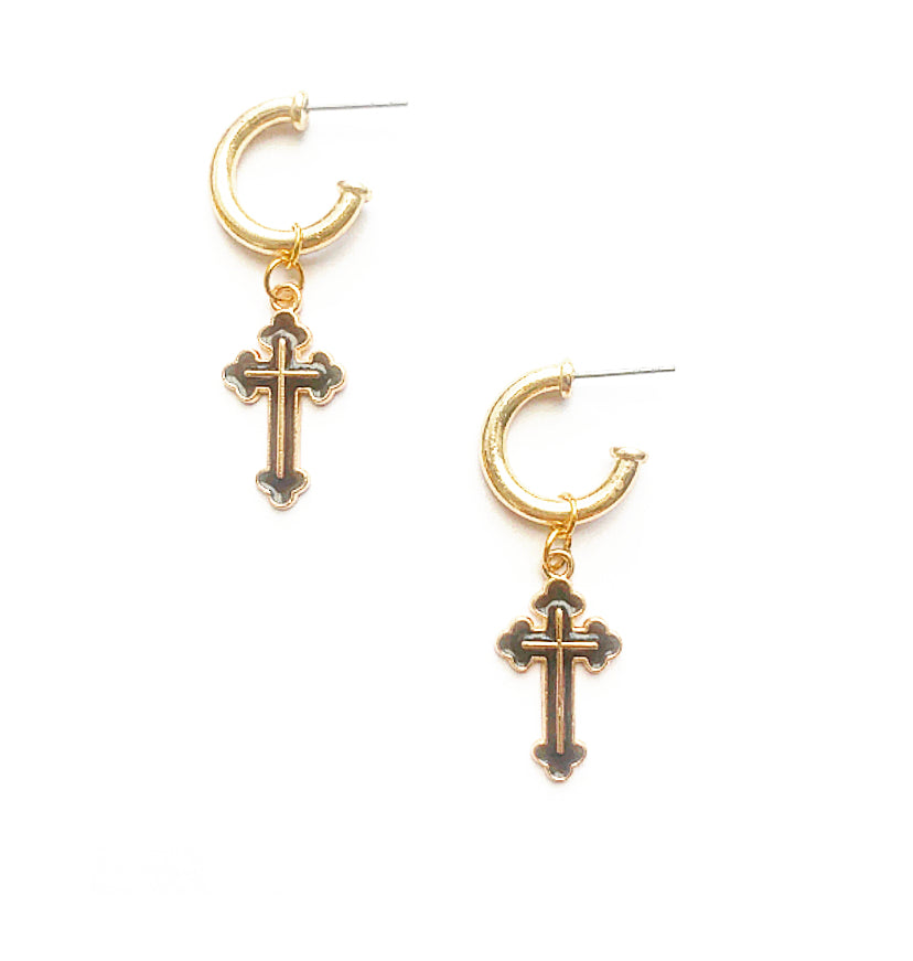 Crucifix Black & Gold Hoop Earrings - High Maintenance Jewellery