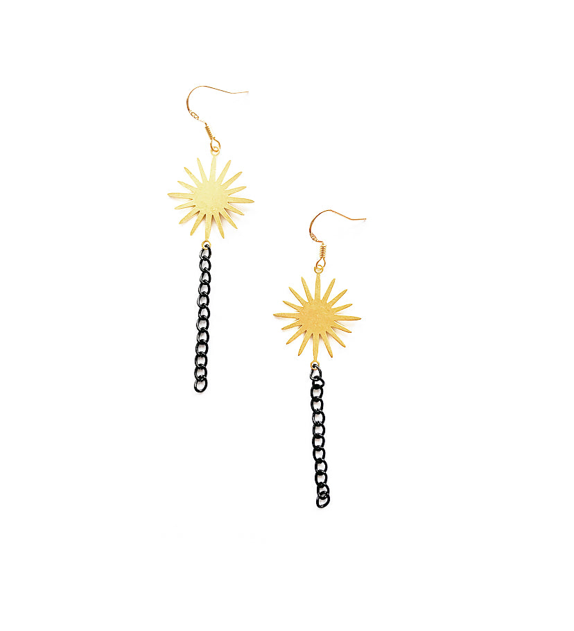 ‘Dare To Shine’ Black Curb Chain Sunburst Gold Earrings - High Maintenance Jewellery